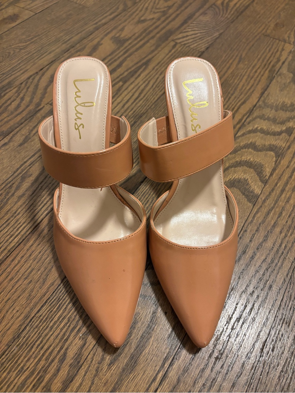 Lulu's Cognac Pointed-Toe Slide Heels with Wide Ankle Strap